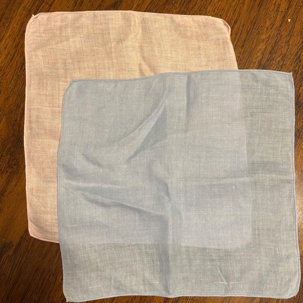 Vintage Blue and Peach Linen Hand Stitched Hem Handkerchief Set